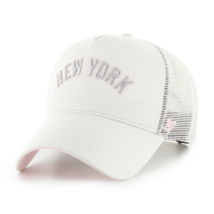 Pictured is this MLB New York Yankees Soft Glow Script '47 OFFSIDE DT cap in white and digital pink. 1
