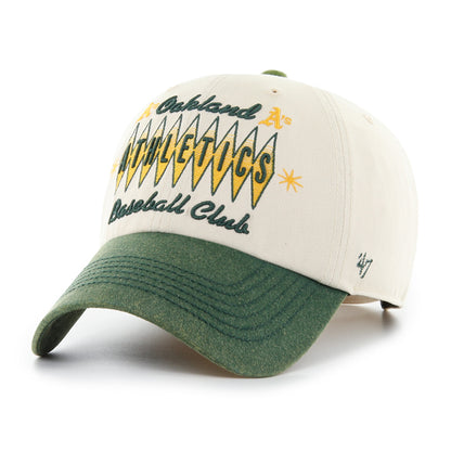 Pictured is this MLB Oakland Athletics Cooperstown TT Graphic Washed ’47 CLEAN UP cap in natural. 1