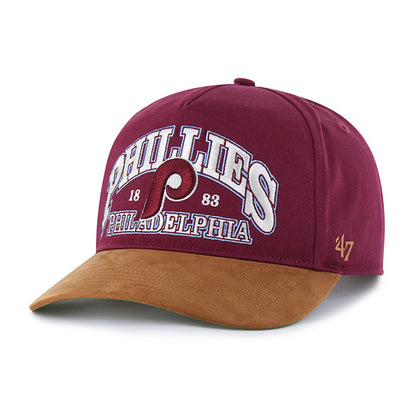 Pictured is this MLB Philadelphia Phillies Break Wood Suede '47 HITCH cap in dark red. 1