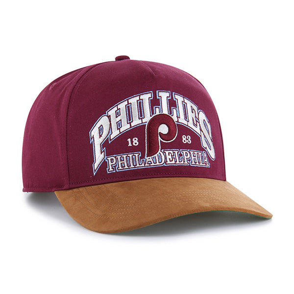 Pictured is this MLB Philadelphia Phillies Break Wood Suede '47 HITCH cap in dark red. 3