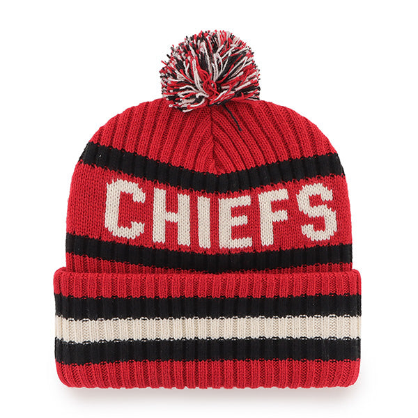 Pictured is this NFL Kansas City Chiefs Bering ’47 CUFF KNIT beanie cap in dark red. 2