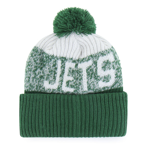 Pictured is this NFL New York Jets Bone Chill ’47 CUFF KNIT beanie cap in bright green. 2