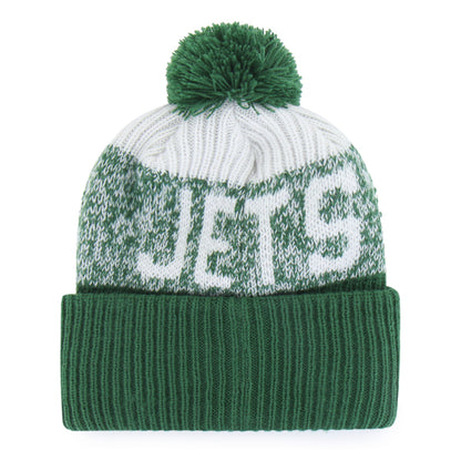 Pictured is this NFL New York Jets Bone Chill ’47 CUFF KNIT beanie cap in bright green. 2