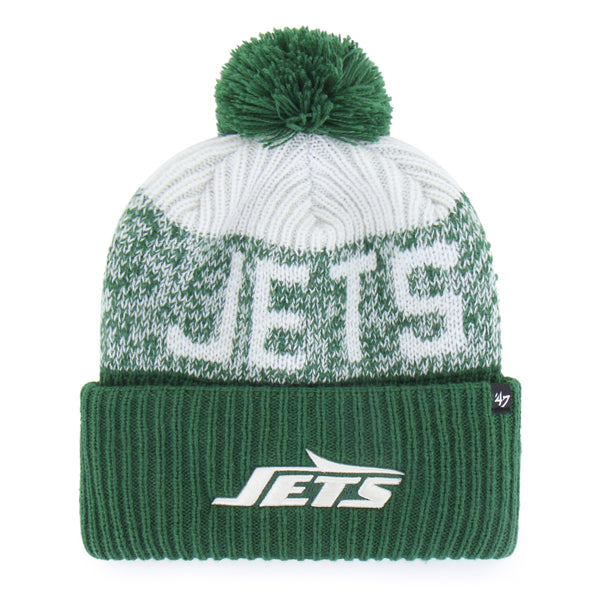 Pictured is this NFL New York Jets Bone Chill ’47 CUFF KNIT beanie cap in bright green. 1