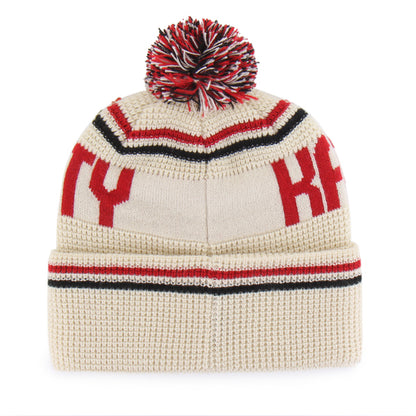 Pictured is this NFL Kansas City Chiefs Quattrle ’47 CUFF KNIT beanie cap in cream. 2