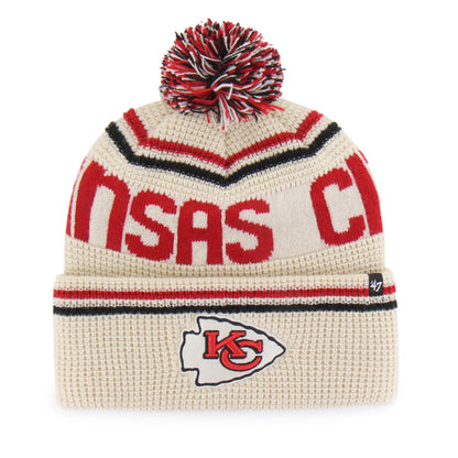 Pictured is this NFL Kansas City Chiefs Quattrle ’47 CUFF KNIT beanie cap in cream. 1