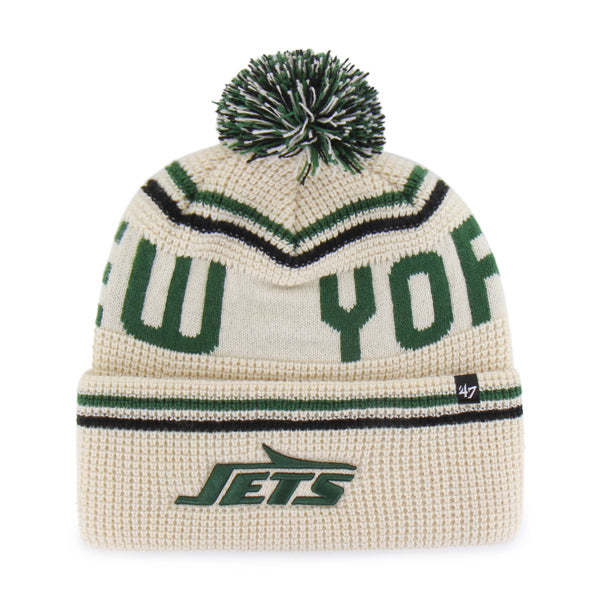 Pictured is this NFL New York Jets Quattrle ’47 CUFF KNIT beanie cap in cream. 1