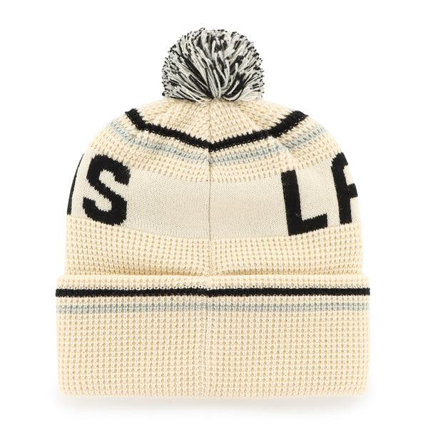 Pictured is this NFL Las Vegas Raiders Quattrle ’47 CUFF KNIT beanie cap in cream. 2