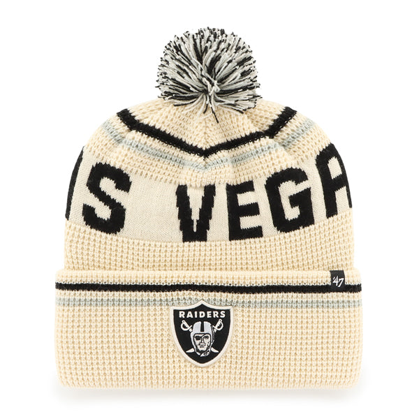Pictured is this NFL Las Vegas Raiders Quattrle ’47 CUFF KNIT beanie cap in cream. 1