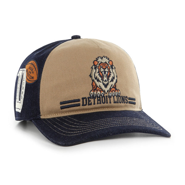 Pictured is this Les Deux X NFL Side Hit Denim Panel Detroit Lions ’47 HITCH LC cap in dark beige. 1