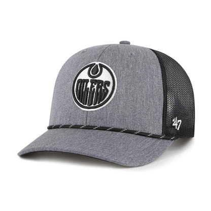 Pictured is this NHL Edmonton Oilers Carbon Rope '47 TRUCKER cap in dark grey. 1