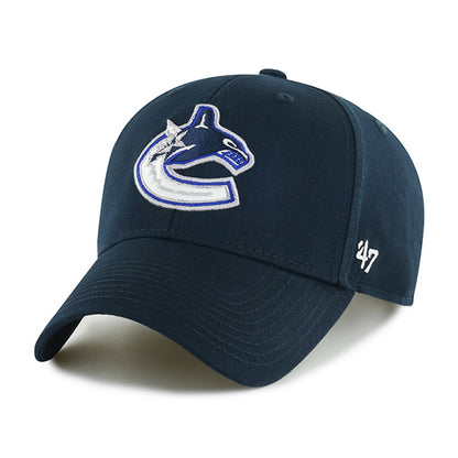 Pictured is this NHL Vancouver Canucks Legend '47 MVP cap in navy. 1