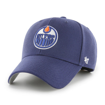 Pictured is this NHL Edmonton Oilers ’47 MVP cap in navy. 1