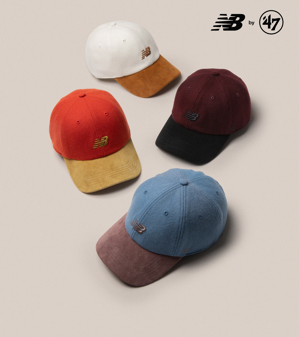4 New Balance by 47 two tone colour hats in blue/ burgundy,  white/brown, burgundy/black and red/brown suede material 